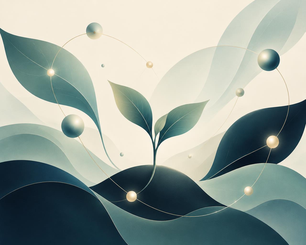 Illustration of a seedling surrounded by connected glowing points, representing ideas growing through collaboration